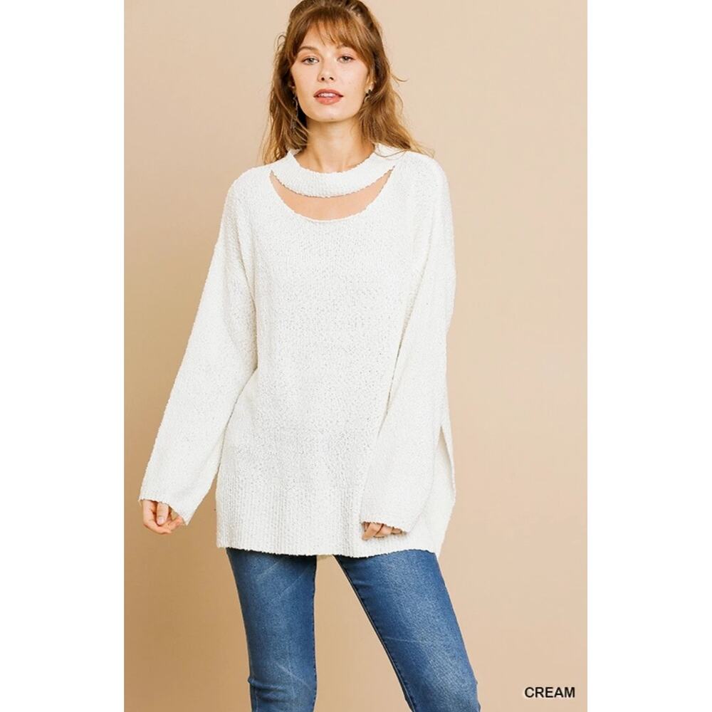 Umgee Womens Cutout Crewneck High‎ Low Lightweight Tunic Sweater Top Small Cream